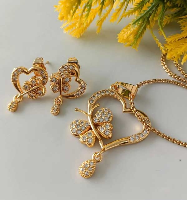 Beautiful Heart Butterfly Locket Chain With Earring (ZV:11309)