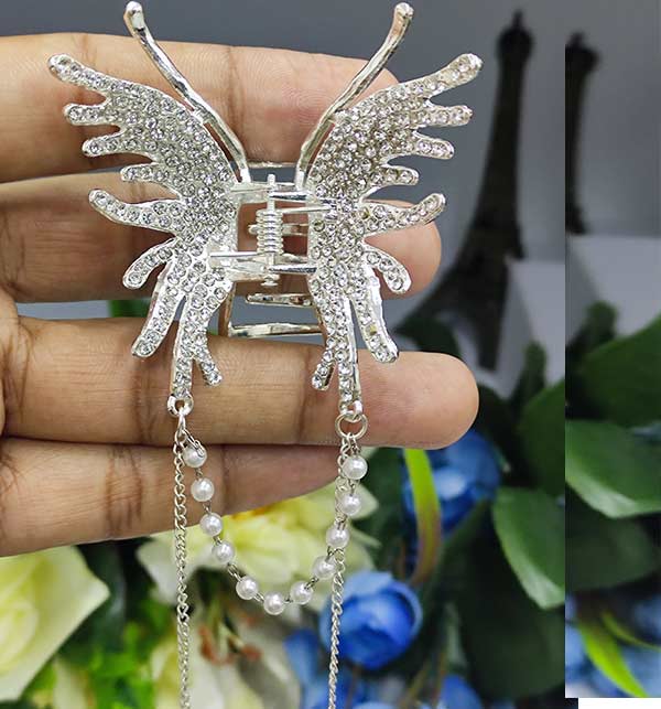 Imported Ladies Silver Matel Butterfly Pearl Tassel Hair Clips (ZV:11323)
