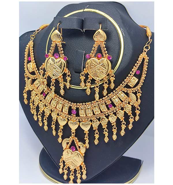 Gold Plated Heart Shape Necklace Set With Earrings (ZV:11625) Gallery Image 1