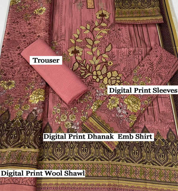 Dhanak Digital Printed Dress with Digital Printed Wool Shawl (Unstitched) (KD-193)