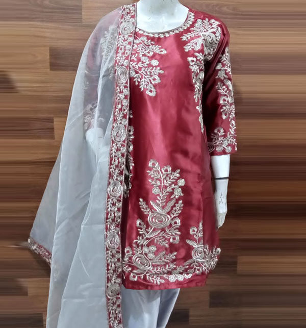 Stitched Silk Embroidered Dress With NET Embroidered Dupatta (RM-124) Gallery Image 1