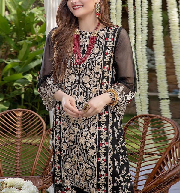 2-PCs Heavy Embroidered Black Chiffon Party Wear Dress (Unstitched) (CHI-867) Gallery Image 1