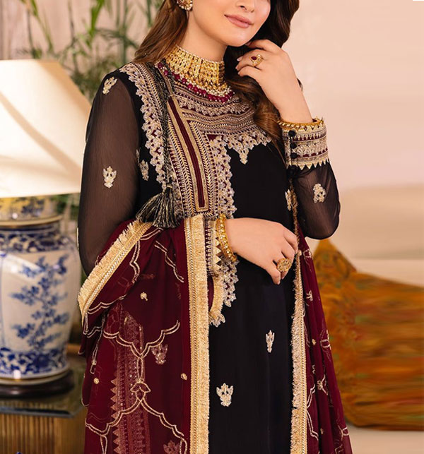 Chiffon Full Heavy Embroidered Dress With Embroidered Lace Dupatta (Unstitched) (CHI-870) Gallery Image 1