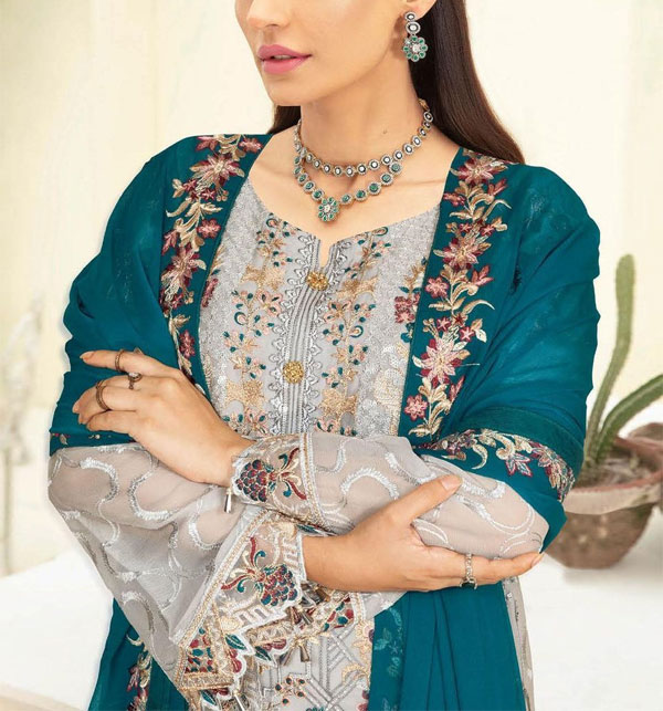 Luxurious Organza Full Heavy Embroidered Sequence Dress With 2 Side Embroidered Dupatta (Unstitched) (CHI-893) Gallery Image 1