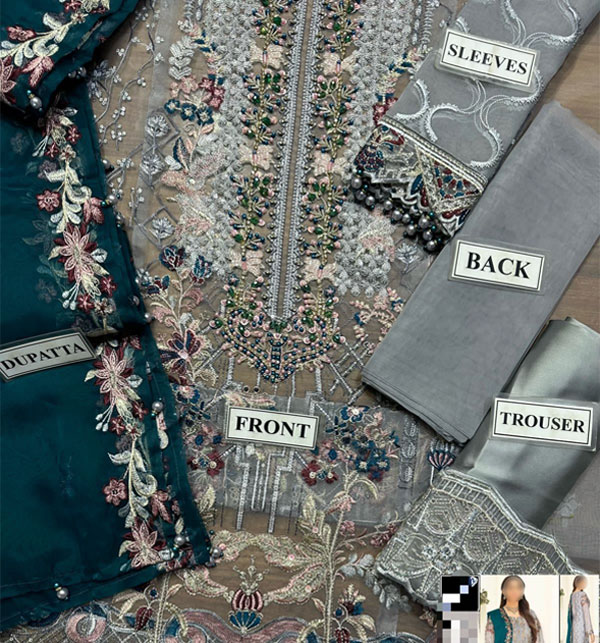 Luxurious Organza Full Heavy Embroidered Sequence Dress With 2 Side Embroidered Dupatta (Unstitched) (CHI-893) Gallery Image 2