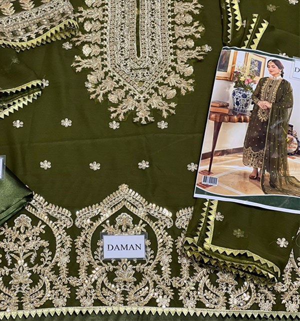 Chiffon Heavy Embroidered Dress With Chiffon 4 Sided Lace Border Dupatta (UnStitched) (CHI-898) Gallery Image 3