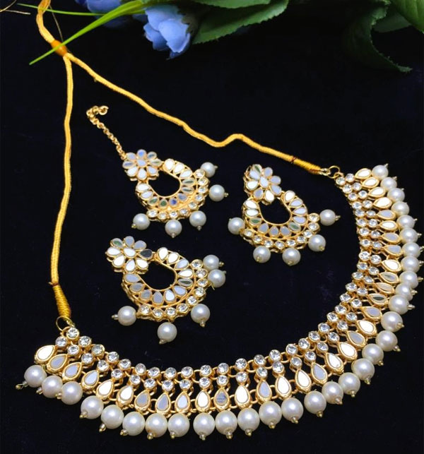 Bridal Kundan Pearl White Choker Necklace Jewelry Set With Earrings And Tikka (ZV:18487)
