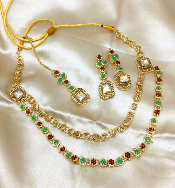Double Layered Stone Necklace Jewerly Set With Earring And Tikka (ZV:18500) Gallery Image 1