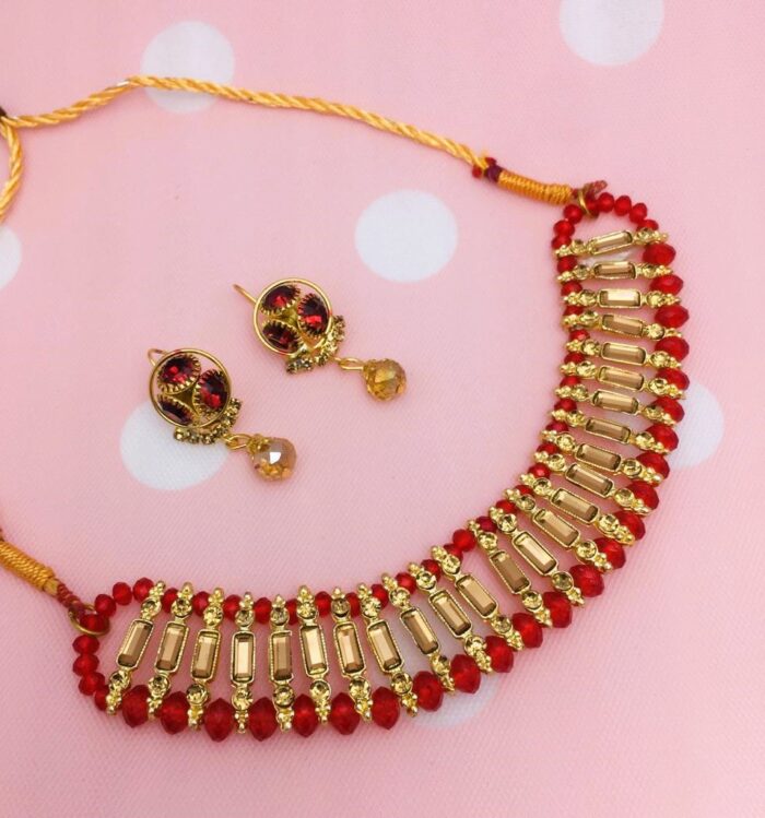Beautiful Red Choker Necklace Jewelry Set With Earrings (ZV:18622) Gallery Image 1