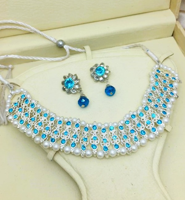 Stylish Blue Choker Necklace Jewelry Set With Earrings (ZV:18627)