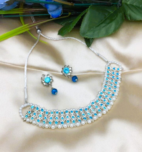 Stylish Blue Choker Necklace Jewelry Set With Earrings (ZV:18627)