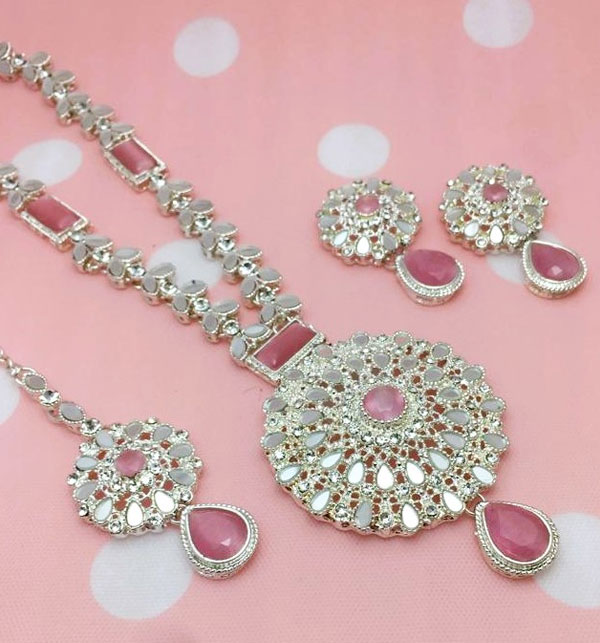 Egyptian Silver Pink Kundan Stone Necklace Mala Jewelry Set With Earring (ZV:18790) Gallery Image 1