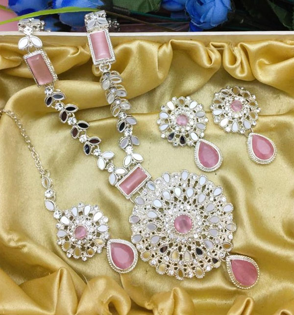 Egyptian Silver Pink Kundan Stone Necklace Mala Jewelry Set With Earring (ZV:18790) Gallery Image 2