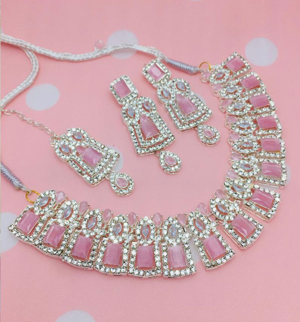 Pink Zircon Necklace Jewelry Set With Earrings And Bindia (ZV:18851)