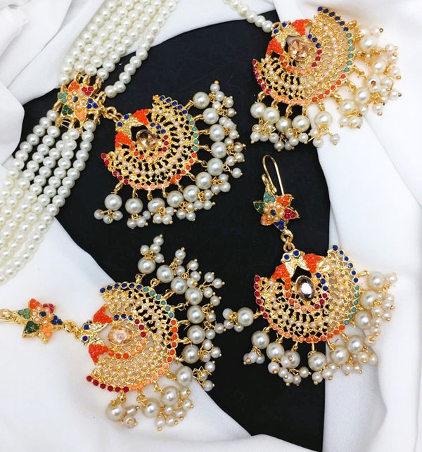 Indian Pearl Noratan Choker Necklace Set With Earrings And Tikka (ZV:20443)