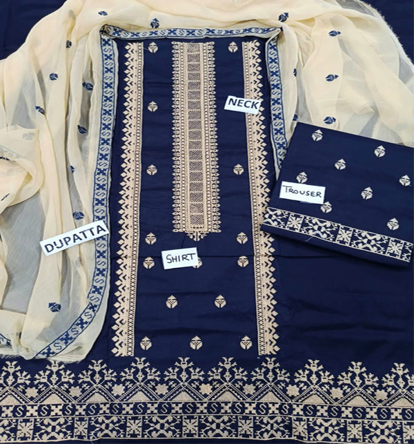 Cotton Arri Work Embroidered Dress With Chiffon Embroidered Dupatta & EMB Trouser (Unstitched) (DRL-1639) Gallery Image 1