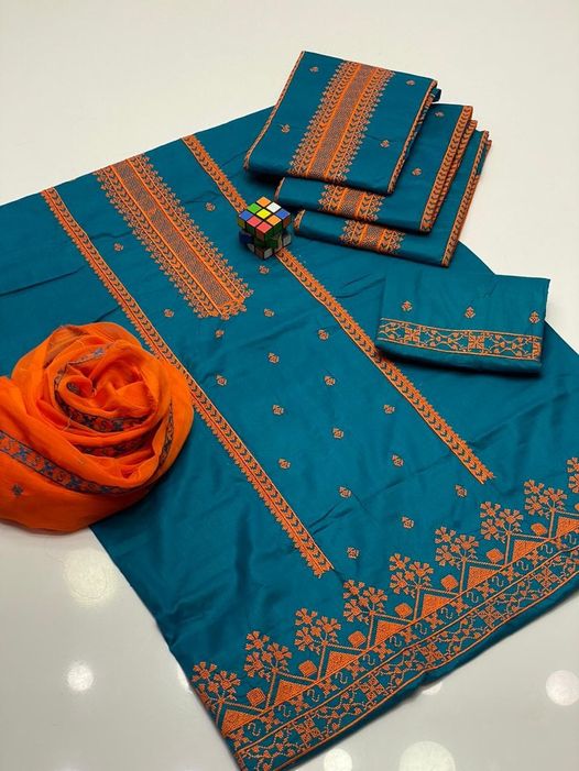 Cotton Arri Work Embroidered Dress With Chiffon Embroidered Dupatta & EMB Trouser (Unstitched) (DRL-1645)	 Gallery Image 1