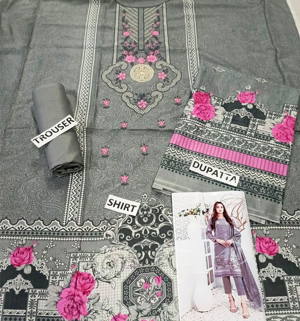 Latest Embroidered Lawn Dress 2024 With Printed Lawn Dupatta (Unstitched) (DRL-1740)	 Gallery Image 1