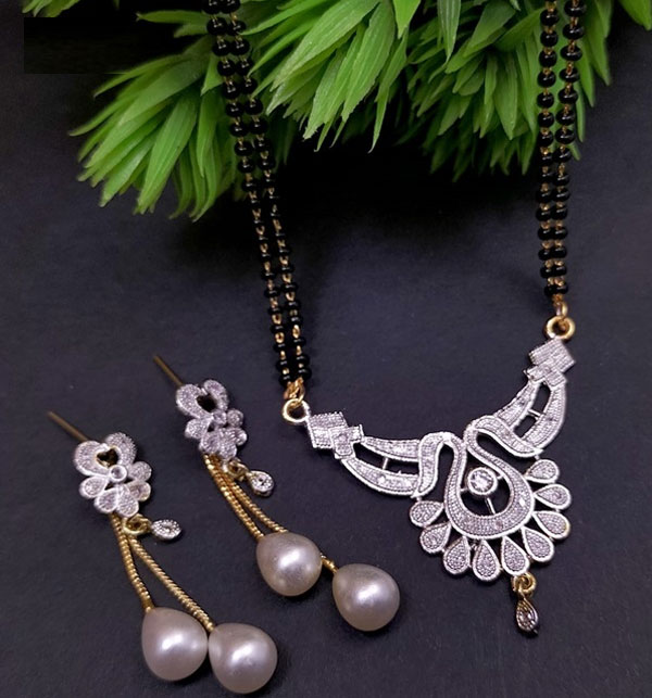 Traditional Indian Zircon Pendant Set With Indian Black Double Mala And Earrings (ZV:25386)