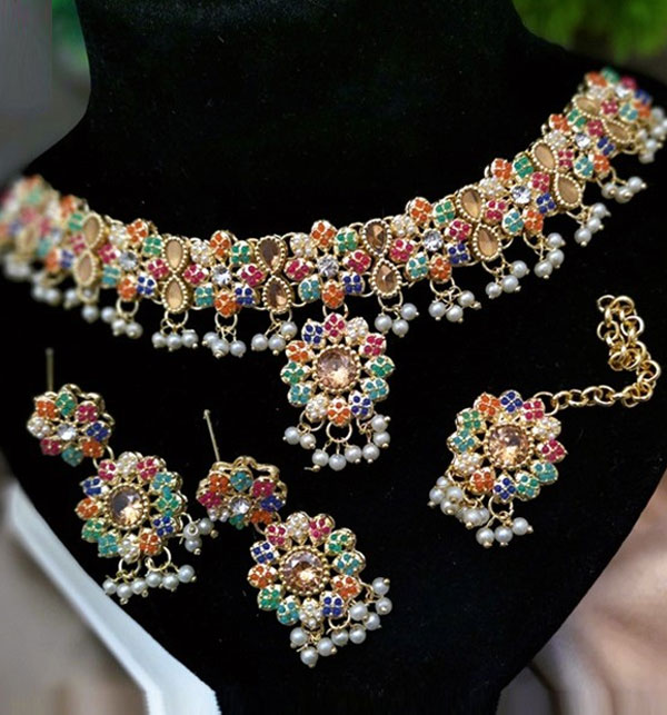 Elegant Zircon Navratan Necklace Set With Earrings And Bindia (ZV:23856)