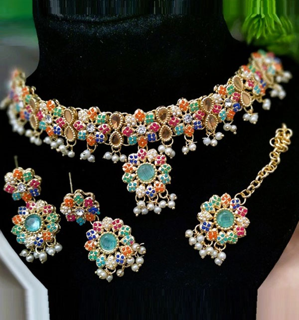 Elegant Zircon Navratan Necklace Set With Earrings And Bindia (ZV:23856)