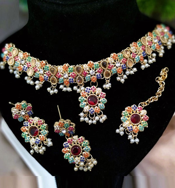 Elegant Zircon Navratan Necklace Set With Earrings And Bindia (ZV:23856)