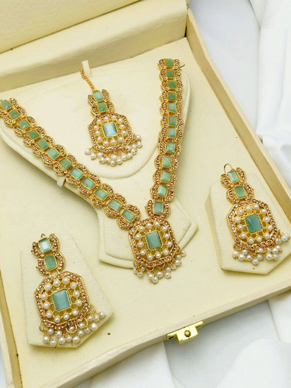 Zircon Stone Sea Green Necklace Set with Earrings and Tikka (ZV:28106)