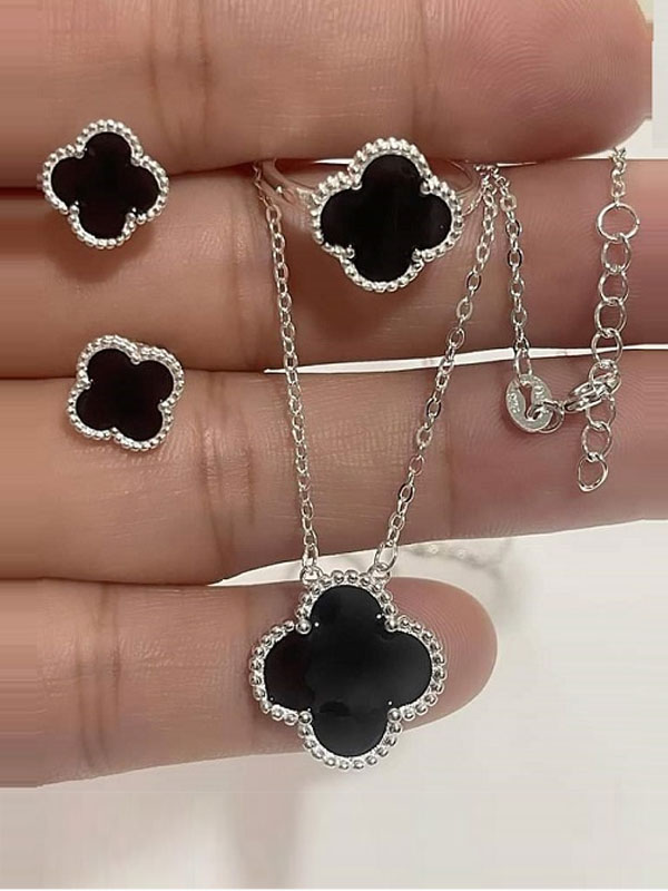 Combo Deal Black Silver Chain Locket Earring Bracelet & Adjustable Ring (ZV:29349)