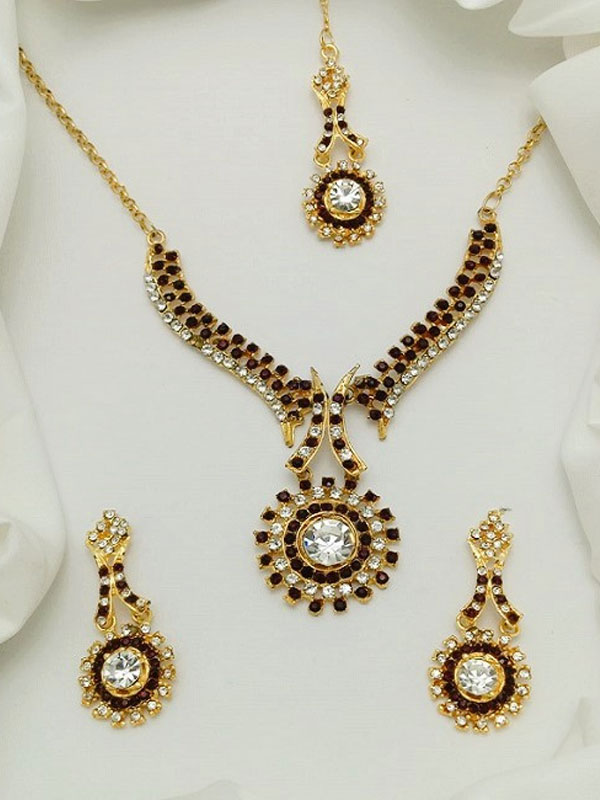 Traditional Zircon Necklace Set with Earrings & Bindia (ZV:28925)