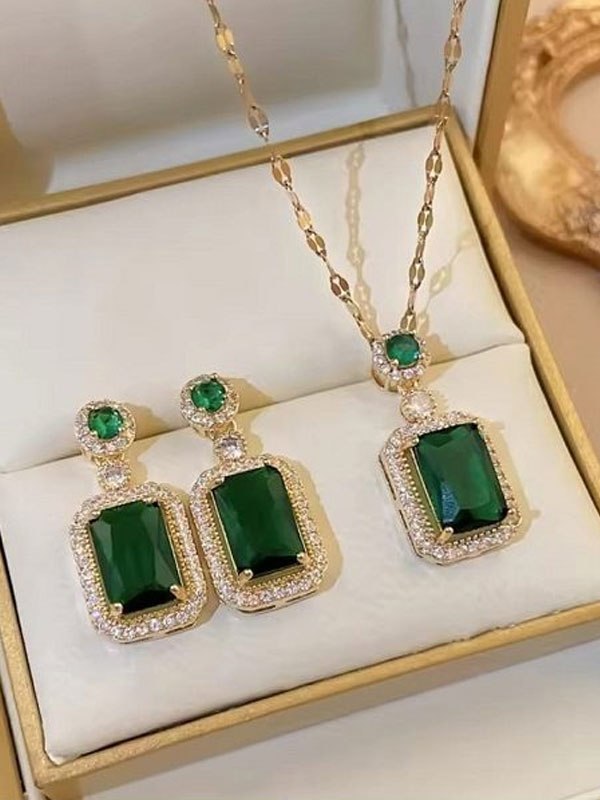 Elegant Green Zircon Necklace Set With Earrings (ZV:29755)