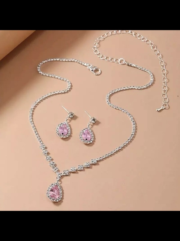 Tea Pink Silver Necklace and Earring Set with Sparkle Rhinestone (ZV:29920)