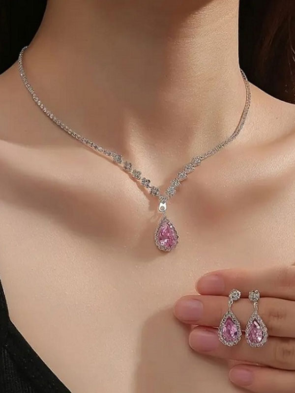 Tea Pink Silver Necklace and Earring Set with Sparkle Rhinestone (ZV:29920)