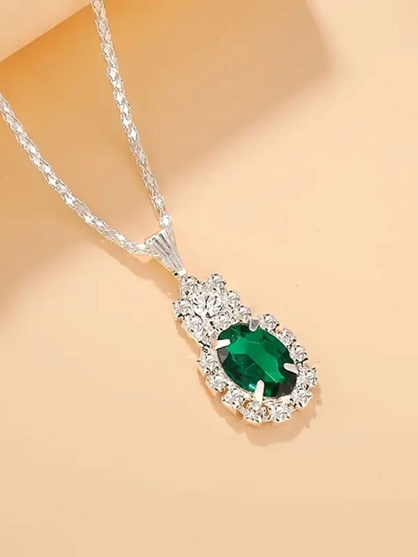 Elegant Fashion Green Oval Necklace Set with Ring, Earrings & Bracelet (ZV:30285)