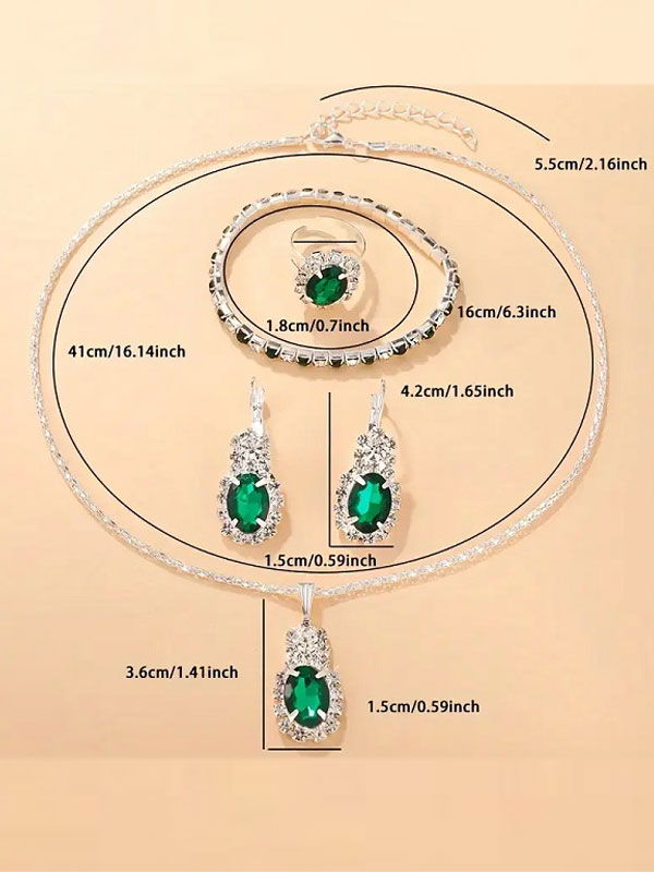 Elegant Fashion Green Oval Necklace Set with Ring, Earrings & Bracelet (ZV:30285)