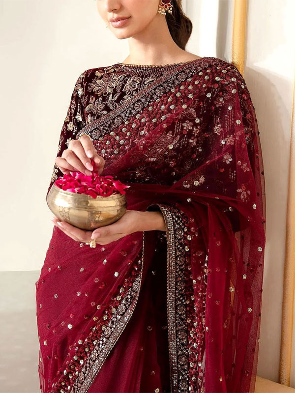 Luxury Heavy Embroidered Velvet + NET Bridal Saree (Unstitched) (CHI-985)