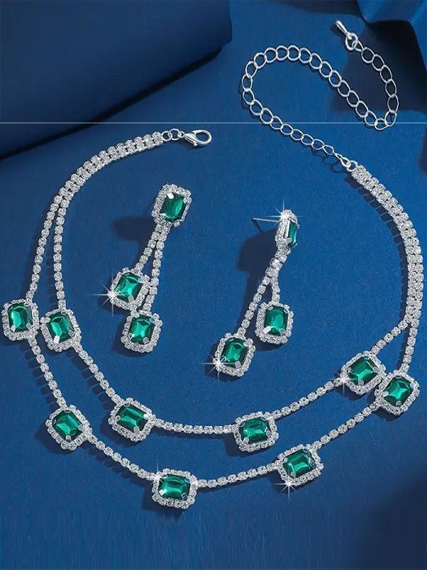 Silver Plated Green Rhinestones Necklace Set with Earrings (ZV:30688)