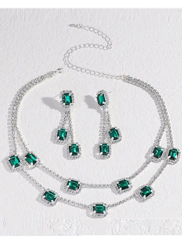 Silver Plated Green Rhinestones Necklace Set with Earrings (ZV:30688)