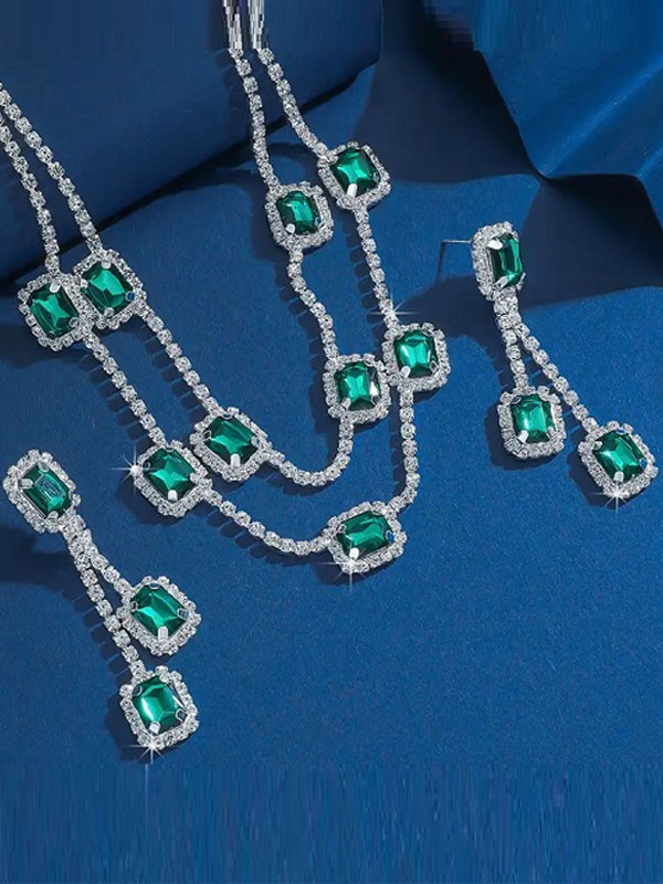 Silver Plated Green Rhinestones Necklace Set with Earrings (ZV:30688)