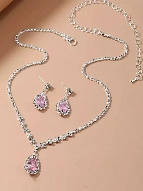 Tea Pink Silver Necklace and Earring Set with Sparkle Rhinestone (ZV:29920)