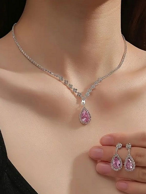 Tea Pink Silver Necklace and Earring Set with Sparkle Rhinestone (ZV:29920)