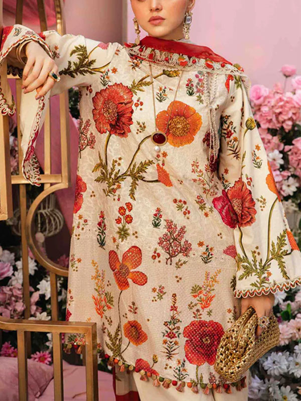 3 PCs Lawn Heavy Embroidered Dress With Chiffon Embroidered Dupatta (Unstitched) (DRL-2258)