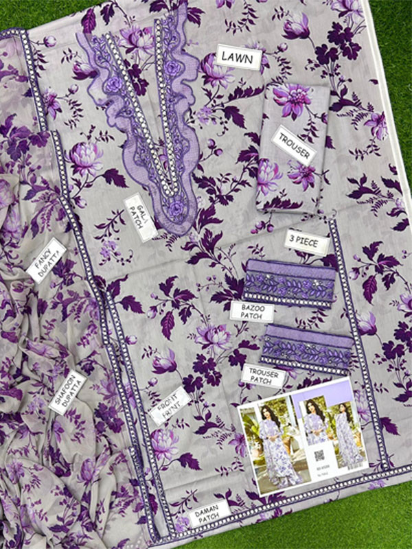 3 PCs Printed Lawn Embroidered Dress With Printed Chiffon Dupatta (Unstitched) (DRL-2281)