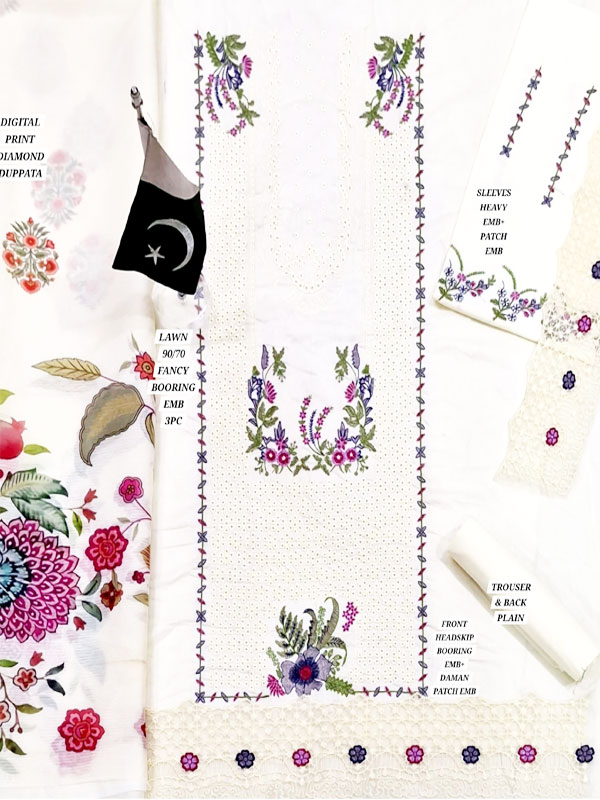 Qalamkar Lawn Heavy Headskip Booring Embroidry Dress Digital Printe Diamond Dupatta 3 Pec Suit (Unstitched) (DRL-2282)