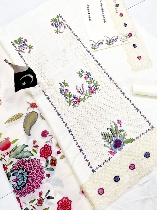 Qalamkar Lawn Heavy Headskip Booring Embroidry Dress Digital Printe Diamond Dupatta 3 Pec Suit (Unstitched) (DRL-2282)