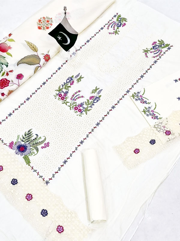 Qalamkar Lawn Heavy Headskip Booring Embroidry Dress Digital Printe Diamond Dupatta 3 Pec Suit (Unstitched) (DRL-2282)