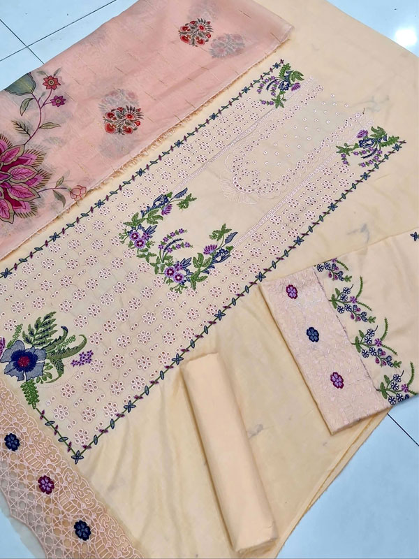 Qalamkar Lawn Heavy Headskip Booring Embroidry Dress Digital Printe Diamond Dupatta 3 Pec Suit (Unstitched) (DRL-2318)