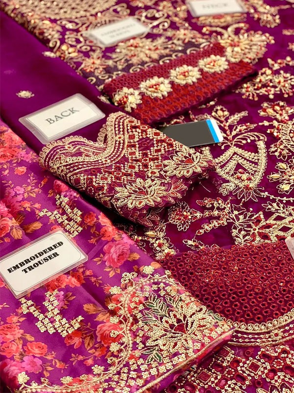 Chiffon Heavy Embroidered Party Wear Dress With Organza Embroidered Dupatta Shahmosh Silk Embroidery Sharara (Unstitched) (CHI-1013)