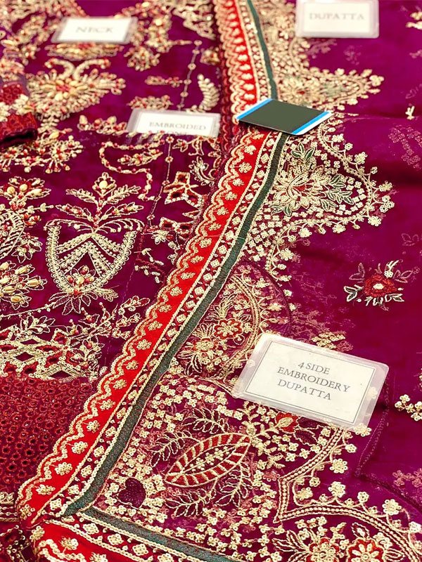 Chiffon Heavy Embroidered Party Wear Dress With Organza Embroidered Dupatta Shahmosh Silk Embroidery Sharara (Unstitched) (CHI-1013)