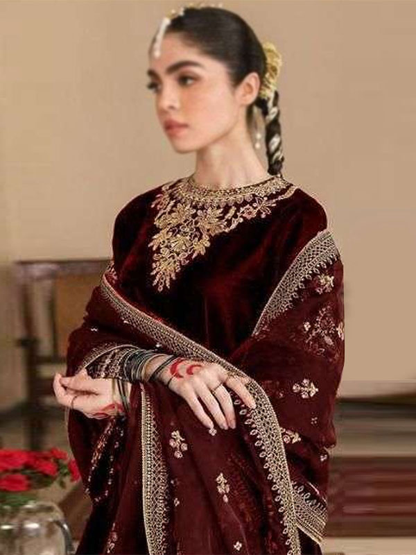 Velvet Luxury Embroidered Wedding Dress With Net Embroidered Dupatta Silk Heavy Embroidery Trouser (Unstitched) (CHI-1014)