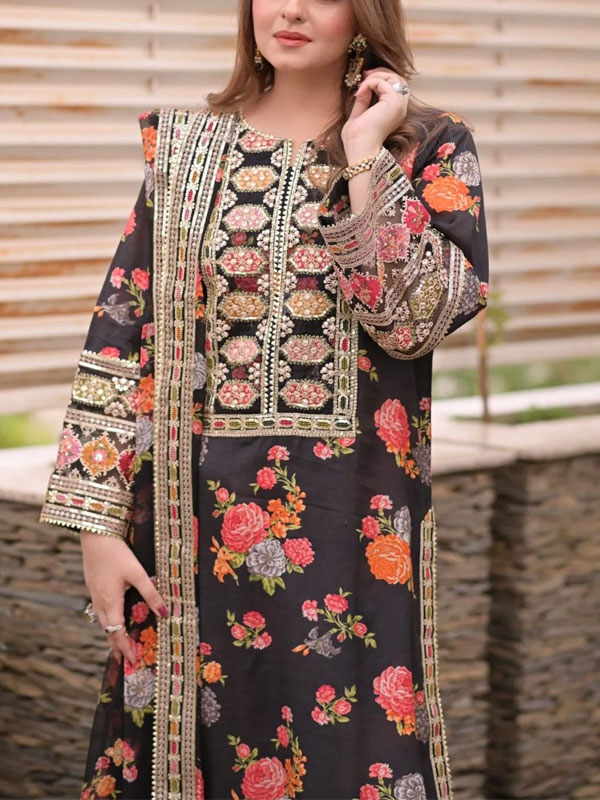 Silk Printed Heavy Embroidered Dress With Embroidered Silk Dupatta (Unstitched) (CHI-1016)